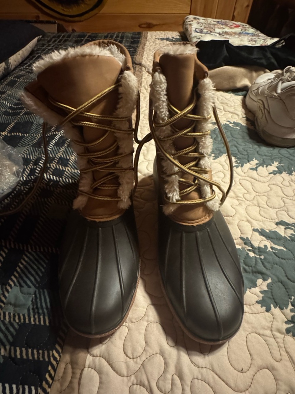 Women's Tan and Black Winter Duck Boots with Faux Fur